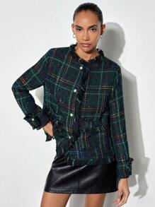 Maija Women's Elegant Plaid Fringe Trim Casual Jacket Coat, Suitable For Christmas, Autumn/Winter - Dark Green - View 1