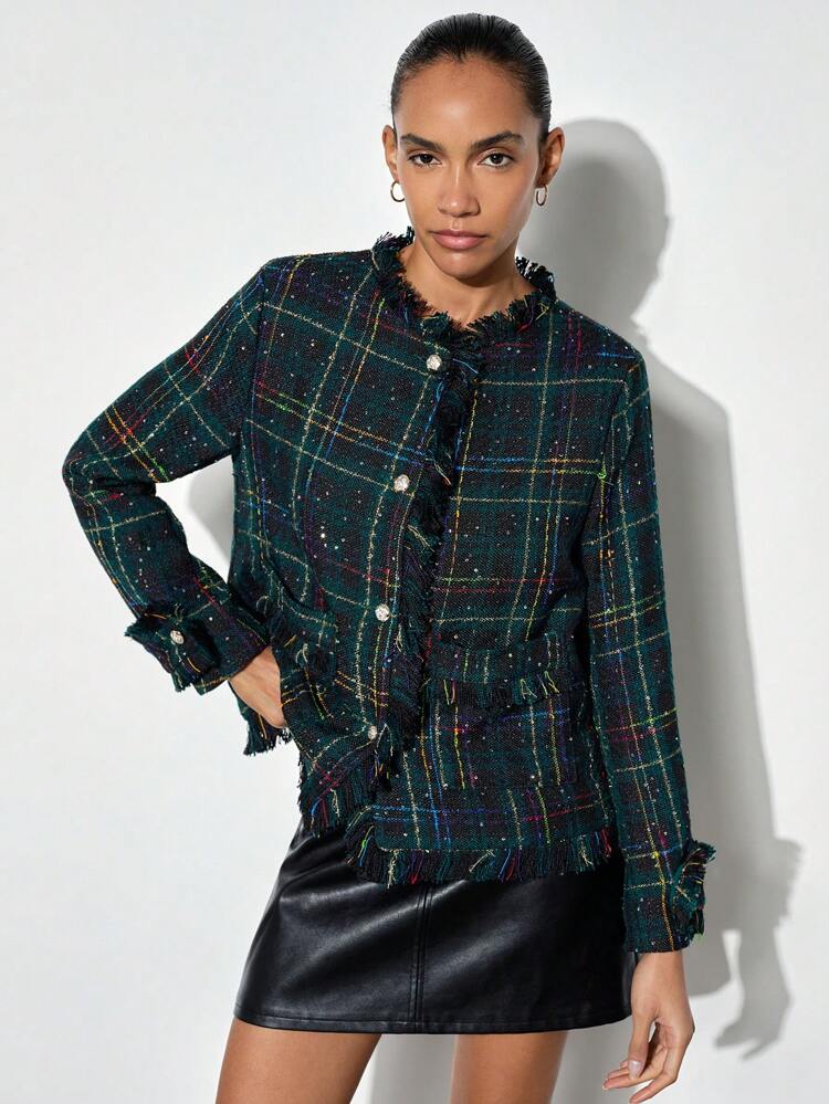 SHEIN Maija Women's Elegant Plaid Fringe Trim Casual Jacket Coat, Suitable For Christmas, Autumn/Winter