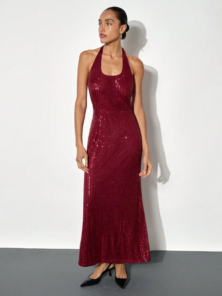 SHEIN Maija Women's Christmas Party Elegant U-Neck Long Sequin Dress, Wine Red, Autumn/Winter