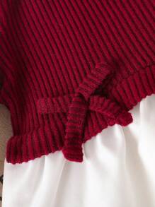 SHEIN Playful Pals 2 件套女婴撞色蝴蝶结细节长袖上衣和纯色喇叭裤套装