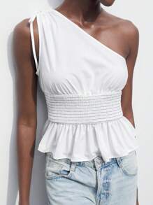Maija Women's Summer One-Shoulder Sleeveless Top With Drawstring Shoulder And Ruffled Trim, Open Shoulder Blouse - White - View 4