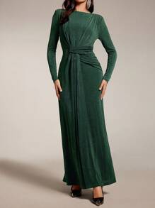 Modelyn Women Solid Color Long Sleeve Simple Casual Dress With Sash Long Evening Dresses - Green - View 4