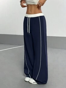 SHEIN PETITE 女式冬季撞色饰边抽绳腰阔腿裤 - 藍色 - 查看 5