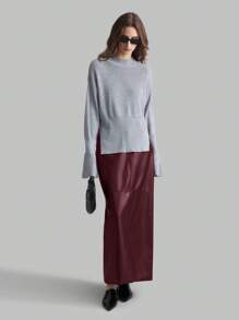 Ontre Women's 2025 New Spring Garment, Long A-Line Skirt In Burgundy PU Material, Back Slit, Suitable For Autumn, Elegant & Minimalist Daily