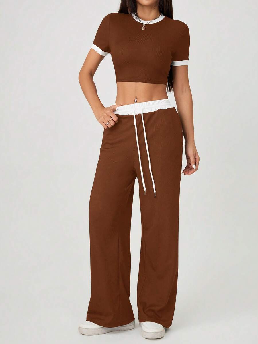 SHEIN PETITE 女士夏季性感撞色圆领短袖T恤+高腰系带长裤两件套