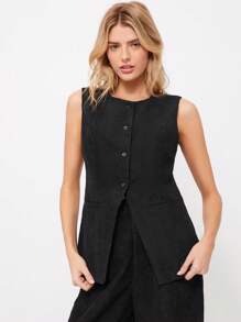 SHEIN EZwear Rompi Blazer Tanpa Lengan Korduroi Polos Sederhana untuk Wanita, Hitam - Hitam - View 1