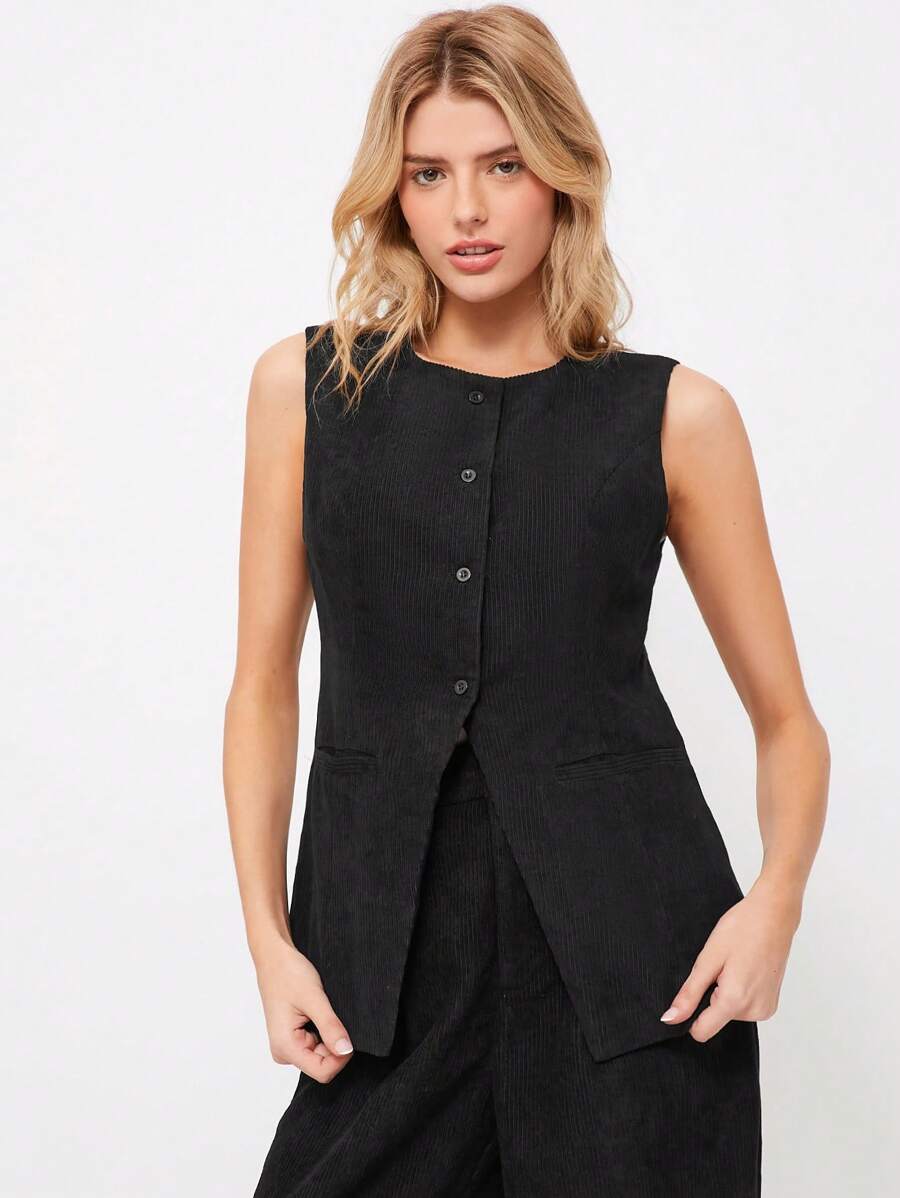 SHEIN EZwear Rompi Blazer Tanpa Lengan Korduroi Polos Sederhana untuk Wanita, Hitam - Hitam - View 1