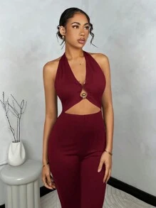 SHEIN BAE 女士金属装饰吊带紧身喇叭形镂空连体裤 - 酒紅色 - 查看 5