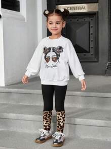 SHEIN Bộ 2 chiếc áo len cổ tròn in họa tiết da báo dễ thương cho bé gái và quần len chắp vá - trắng - Xem 7