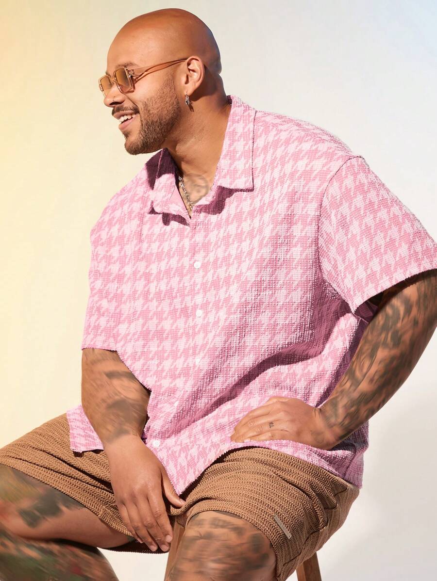 EASEVO Plus Size Men's Slim Fit Casual Short Sleeve Shirt - Pink - View 1