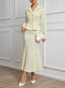 Modelyn 2pcs/Set Women Fall Plain Collar Jacket And High-End Skirt Apricot Suit 2 Pieces Set