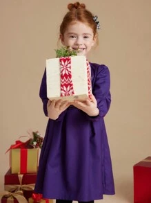 PrepCrw Young Girls' Autumn/Winter Academia Style Navy Blue Bowknot Woven Cinched Waist A-Line Ruffle Hem Round Neck Dress