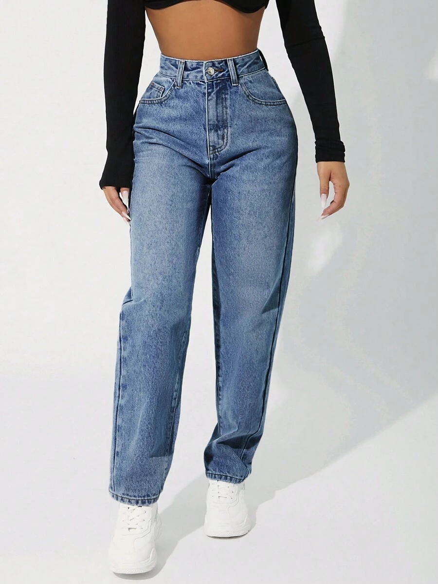 SHEIN PETITE Jeans cónicos de talle alto con lavado - Azul lavado medio - Ver 1