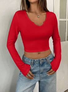 SHEIN 1 件女式纯色 V 领长袖休闲衬衫 - 紅色 - 查看 4