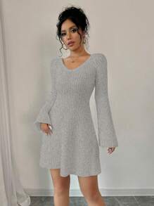 Chiquease Women V-Neck Long Sleeve Solid Color Casual Short Sweater Dress