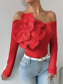 Calvaya Vrouwen Off Shoulder Effen Kleur 3D Bloemen Lange Mouw Slim Fit Elegant T-shirt Voor Nieuwjaarskleding