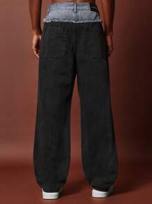 SUMWON Loose Fit Contrast Double Waist Jean - Black - View 4