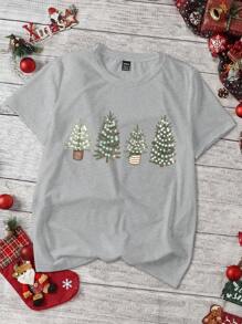 INAWLY Summer Christmas Tree Print Fitted Casual Round Neck Short Sleeve Plus Size T-Shirt, Light Gray Top For Women Graphic Tees Women Tops