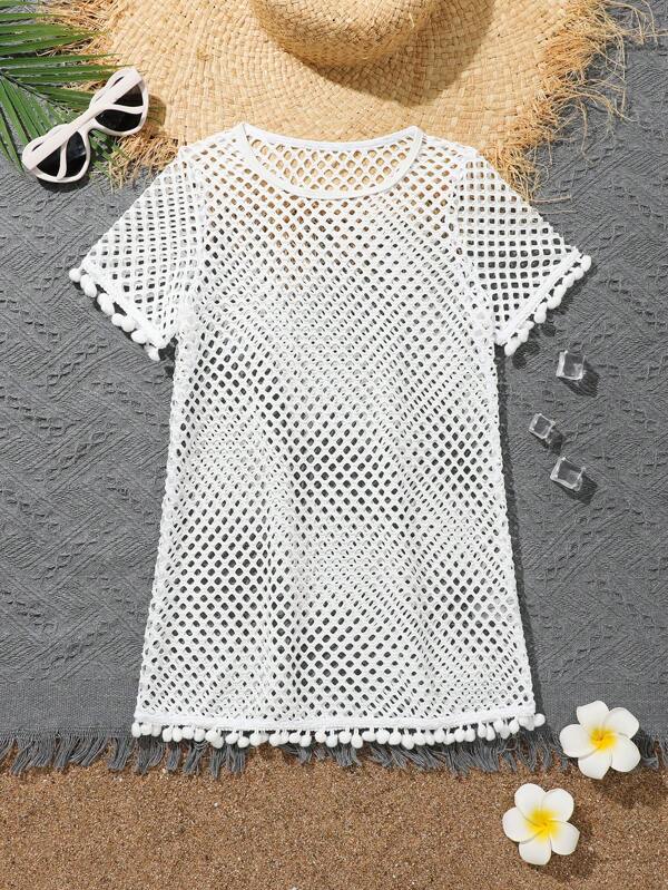 SHEIN Kleine Mädchen Einfarbig mit Bommel Saum Ausschnitt Cover-up, geeignet für Sommerurlaub, Strand, Küste