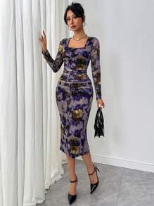 Chiquease Net Mesh Square Neck Ditsy Floral Dress For Women Spring Autumn French Retro Fitted Waist Slim Slit Hem Midi Length Bodycon - Multicolor - View 1