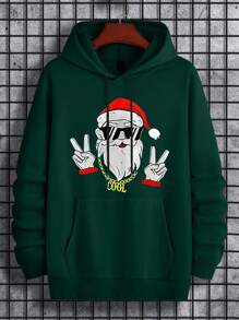 Manfinity Homme Áo hoodie in hình ông già Noel có túi cho nam, áo nỉ dài tay - Màu xanh lá cây đậm - Xem 5