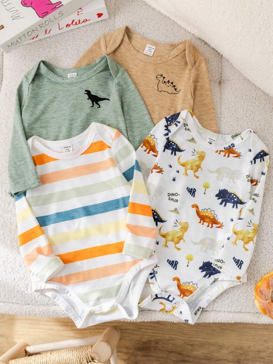 SHEIN 4pcs/Set Newborn Baby Boy/Girl Cute Cartoon Dinosaur Print Colorblock Round Neck Short Sleeve Bodysuit Graphic - Multicolor - View 1