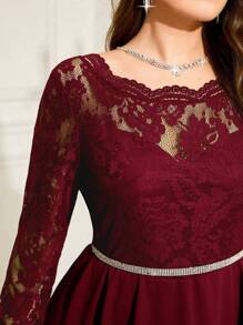 SHEIN Clasi 加大码橄榄绿色蕾丝拼布 A 字秋季连衣裙，适合派对、狂欢节 - 酒紅色 - 查看 4