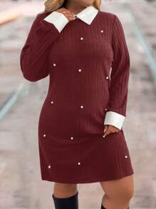 SHEIN LUNE Plus Size Spring/Fall Casual Color Block Beaded Decoration Dress Winter Clothes, Dress With Sleeves, Black Long Sleeve Dress, Thanksgiving Dress