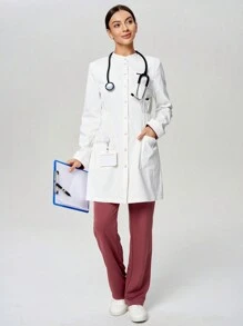 Scrubzie Anti-Wrinkle Long Waist-Cinching Women's Lab Coat/ Robe - White - View 3