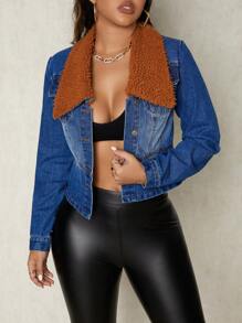 SHEIN SXY 修身蓬松领女式牛仔圣诞服装女式感恩节派对夹克 - 藍色 - 查看 4