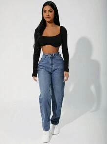 SHEIN PETITE Jeans cónicos de talle alto con lavado - Azul lavado medio - Ver 5