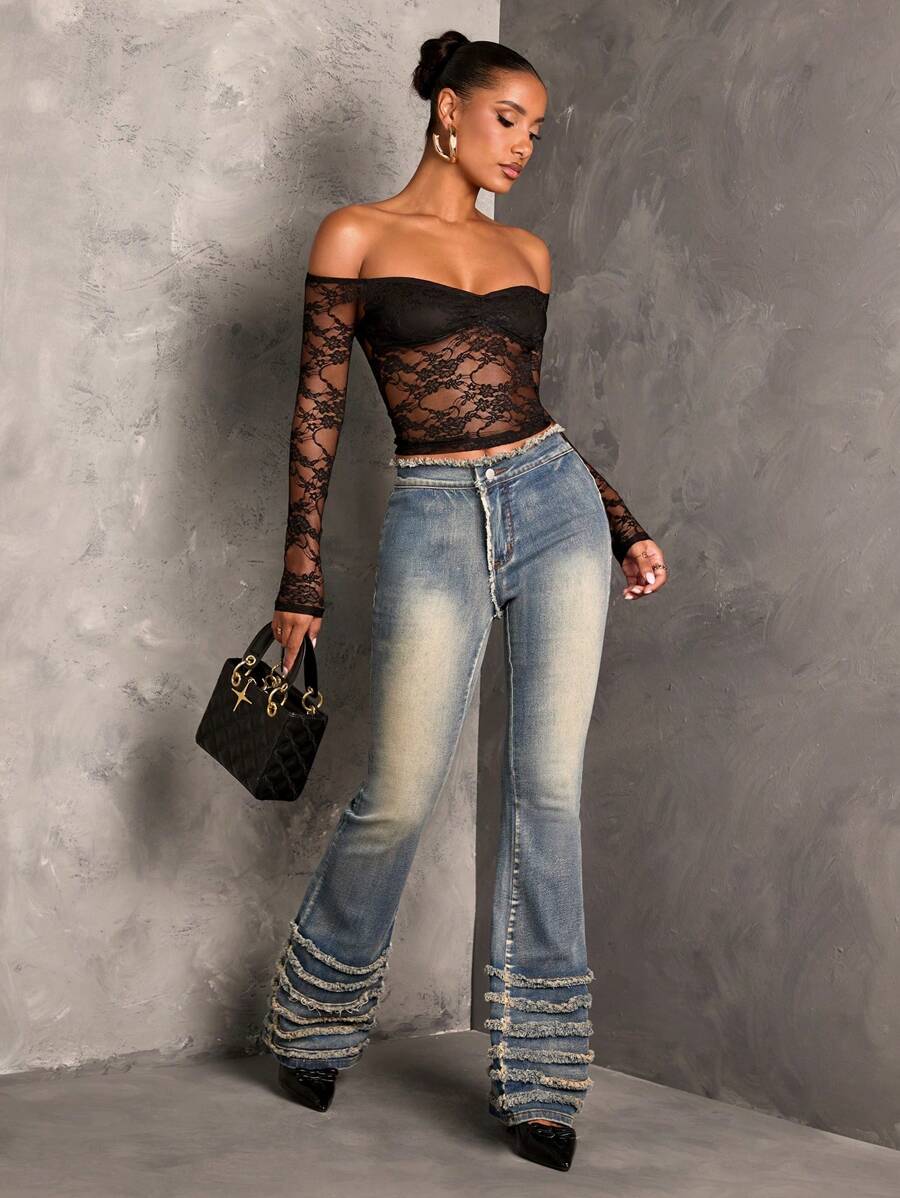 SHEIN BAE 女式性感紧身弹力喇叭牛仔裤，带流苏下摆，蓝色 - 深色水洗藍 - 查看 1