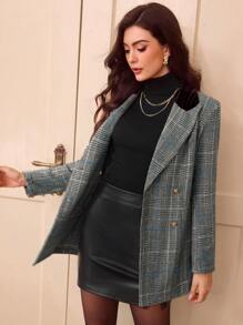 Vintamour Retro Elegant Plaid Double-Breasted Suit Jacket, Autumn/Winter - Blue - View 1