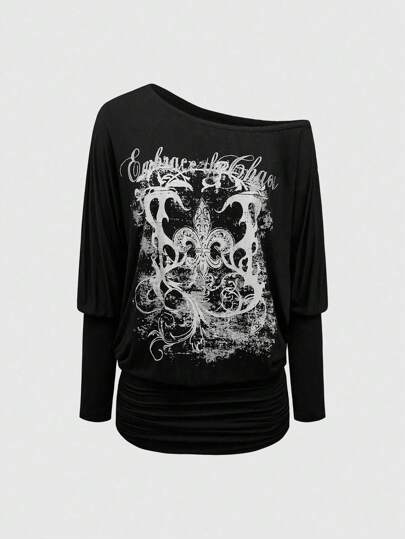 Grunge Punk Vestido mini ajustado de manga larga suelta con cuello asimétrico, diseño moderno de estilo Harajuku, para mujeres