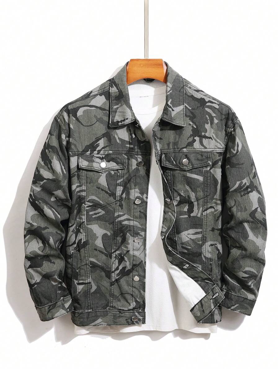 Manfinity Homme Men's Front Button Long Sleeve Pocket All Over Print Simple Top - Multicolor - View 1