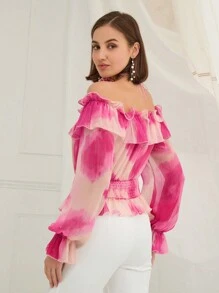 Enchnt Spring Romantic Women Off Shoulder Long Sleeve Gathered Printing Minimalist Casual Top,For Valentine's Day& Sweet Date&Daily Commuting,Vacation Top - Pink - View 7
