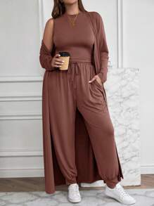 SHEIN LUNE Conjunto de 3 piezas de chaqueta larga, chaleco y pantalón de unicolor casual de talla grande, nuevo atuendo de invierno para mujeres de Año Nuevo, vestidos de invierno, ropa de invierno para mujeres, atuendos de rave, conjunto de Acción de Gracias para mujeres