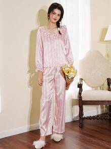 Côtesoire Elegant Striped Pattern Contrast Lace Women's Pajama Set