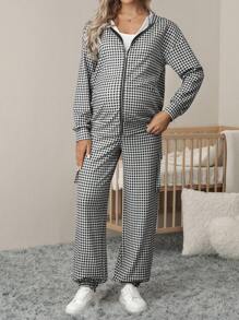 SHEIN Costum de maternitate 2 piese, cu hanorac și pantaloni, în carouri vintage, cu buzunare, set elegant, lejer, din două piese - Alb-negru - Vizualizare 5