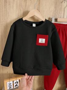 SHEIN 2pcs/Set Young Boy Casual Cute Colorblock Round Neck Pullover Sweatshirt + Fitted Waist Pants Knit Set, Suitable For School, Garden, Beach, Birthday, All Season (Spring, Summer, Fall, Winter), Fleece Thickened