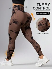 Core Rhythm 扎染印花高腰弹力腰运动紧身裤，适合瑜伽