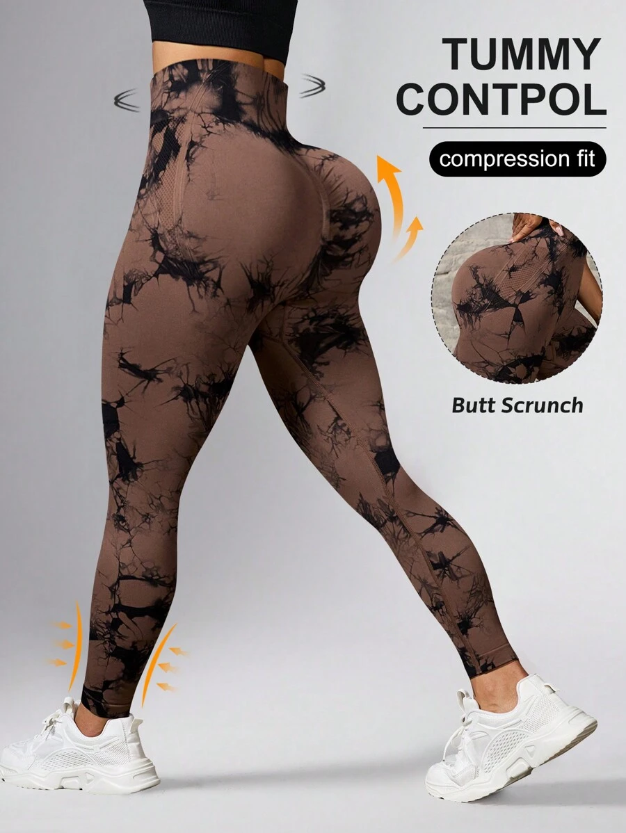 Core Rhythm 扎染印花高腰弹力腰运动紧身裤，适合瑜伽