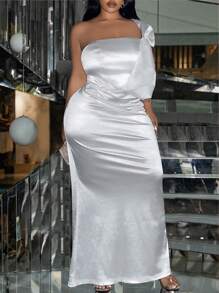 Slaydiva New 2024 Thanksgiving Women Outfit, Plus Size White Slanted Collar Pearl Bow Cocktail Dress, Holiday Clothes, New Year Party Dress