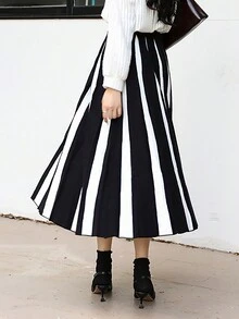 黑白条纹拼接裙，秋冬休闲风 - 黑與白 - 查看 2