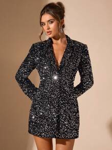 SHEIN BAE Sequin Patchwork Front Button Long Sleeve Elegant Blazer Jacket