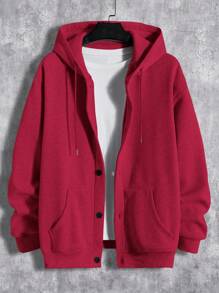 Claim Dot 男士纯色前扣长袖口袋红色连帽衫，简约