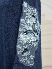 Al Najma 喇叭袖串珠刺绣闪亮弹力针织阿拉伯连衣裙，秋冬款，优雅朴素长袖超长 Jalabiya 阿拉伯连衣裙，适合晚会/婚礼嘉宾/周年纪念 - 藍色 - 查看 6