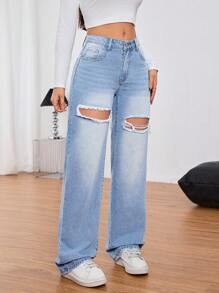 SHEIN Tall 女式休闲做旧前扣口袋牛仔裤 - 藍色 - 查看 6