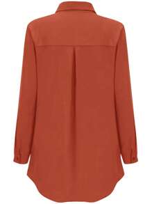 INAWLY Áo sơ mi nữ tay dài đơn sắc có túi cài nút phía trước - Gỗ đỏ - Xem 2