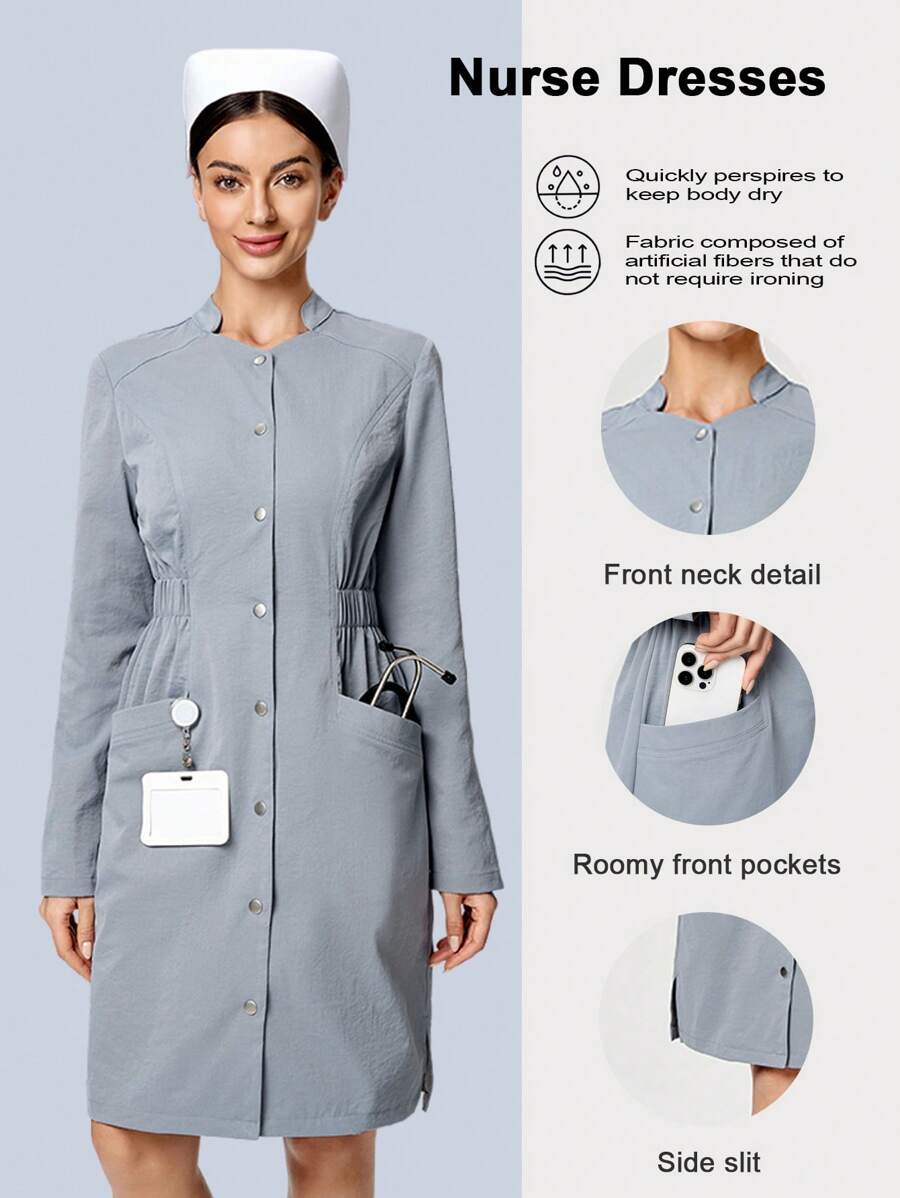 Scrubzie Long Sleeve Elastic Waist Stand Collar Nurse Dress, Autumn/Winter